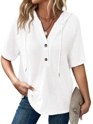 Womens Summer Tops Waffle Knit Short Sleeve Lightweight Drawstring Hoodies Button V Neck Casual Blouses Shirts