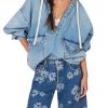 Women Casual Denim Shirt Hoodies Pullover Oversized Jean Jacket Sweatshirt Long Sleeves Half Zip Western Blouse Top