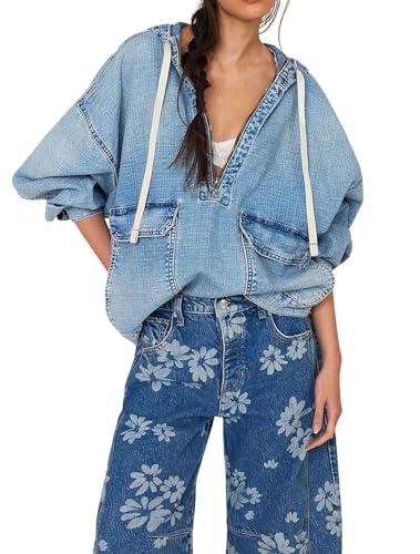 Women Casual Denim Shirt Hoodies Pullover Oversized Jean Jacket Sweatshirt Long Sleeves Half Zip Western Blouse Top