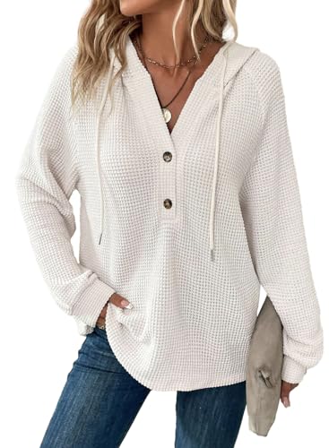 Hoodies for Women Waffle Knit Long Sleeve Drawstring Button V Neck Casual Pullover Sweatshirt Hooded Tops