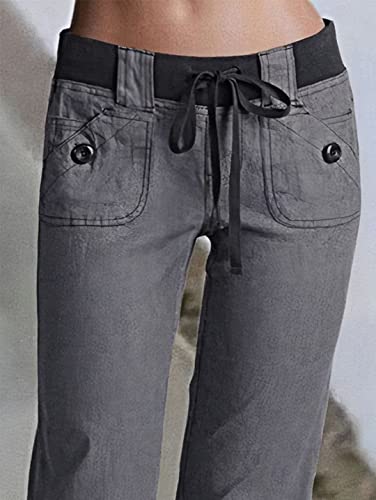 Low Rise Cargo Wide Leg Pants for Women Drawstring Flap Pockets Y2K Bow Tie Casual Flare Pants