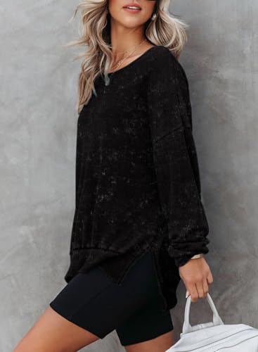 Womens Oversized Waffle Knit Crewneck Sweatshirts Long Sleeve Side Slits Casual Pullover Sweatshirt Tops