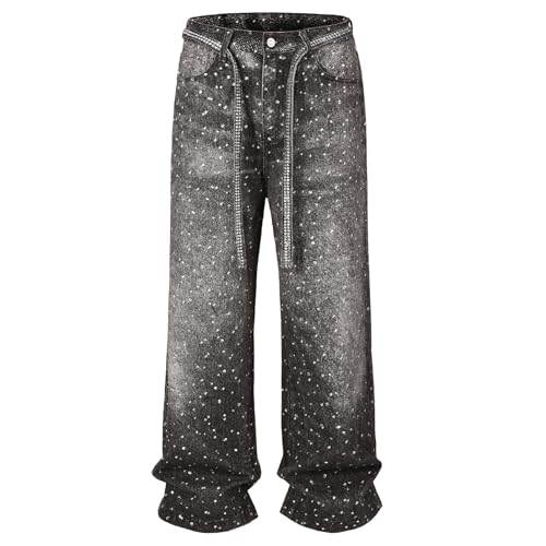 Mens Rhinestone Jeans Vintage Baggy Sparkly Pearl Bling Jeans Chic Wide Leg Denim Pants Womens Y2K Grunge Clothes
