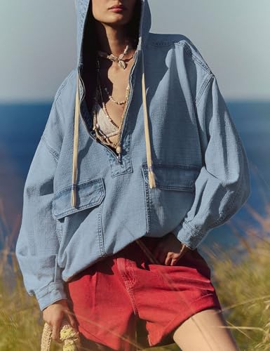 Women Casual Denim Shirt Hoodies Pullover Oversized Jean Jacket Sweatshirt Long Sleeves Half Zip Western Blouse Top