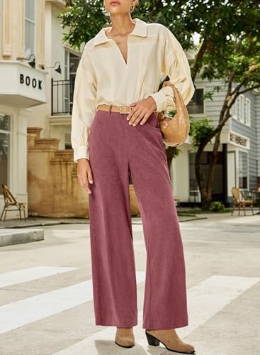 Women's Corduroy Pants Casual High Waisted Baggy Wide Leg Elastic Waist Loose Trousers with Pockets