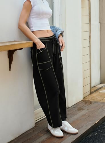 Womens Baggy Wide Leg Pants Casual Summer Palazzo Pants Drawstring Waist Barrel Sweatpants with Pockets
