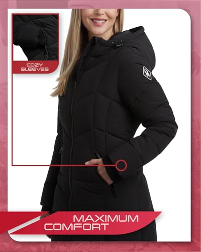 Women's Puffer Jacket - Cozy Hooded Long Puffer Jackets for Women with Hand Pockets - Soft Stretch Bubble Jacket S-XL