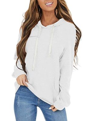 Women's Casual Lightweight Hoodies Long Sleeve White Drawstring Sweatshirts Loose Pullovers with Pocket