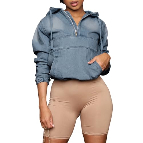 Women's Half Zip Denim Hoodie Pullover Jackets Jean Tops
