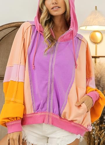 Women's Fall Warm Color Block Zip Up Jacket Oversized Winter Casual Y2K Sweatshirt Hoodie Tops