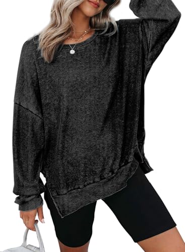 Womens Oversized Waffle Knit Crewneck Sweatshirts Long Sleeve Side Slits Casual Pullover Sweatshirt Tops