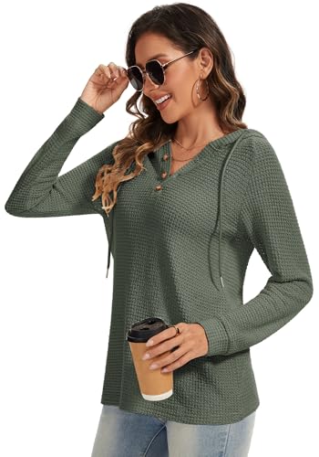 Hoodies for Women Waffle Knit V Neck Oversized Sweatershirt Button Down Drawstring Hooded Pullover Tops for Fall 2025