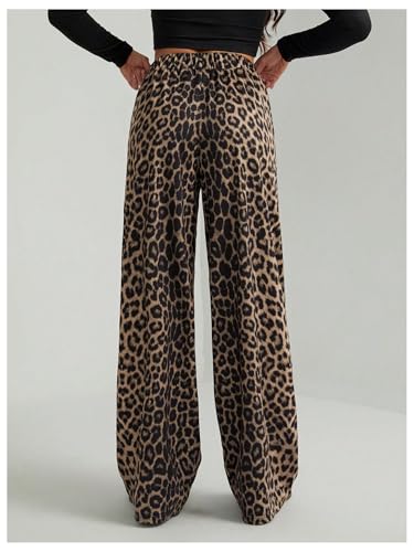 Women's Leopard Print Wide Leg Pants Patched Elastic Waist Casual Loose Trousers