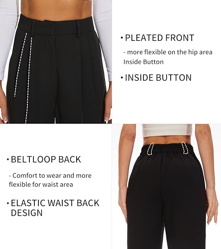 Women Wide Leg High Waist Wide Leg Pants Loose Fit Back Elastic Waist Pleated Front Trousers for Work Casual