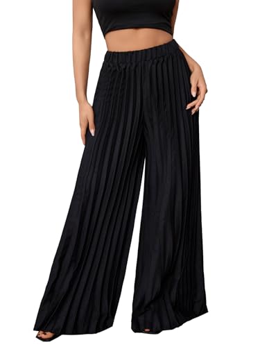 Women's Wide Leg Palazzo Pleated Pants High Waisted Flowy Loose Dressy Casual Long Trousers