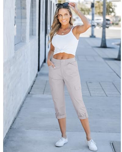 Cargo Capri Pants for Women High Waisted Relaxed Fit Elastic Knit Waist Casual Capris Trousers Cropped Pants