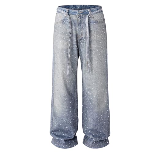 Men Baggy Rhinestone Jeans Wide Leg Denim Pants Vintage Sparkly Pearl Jeans Y2k Oversized Hip Hop Pants for Women
