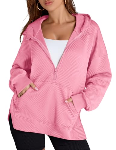 Womens Oversized Half Zip Hoodies Long Sleeve Textured Casual Sweatshirts Loose Fall Pullover Tops with Pockets