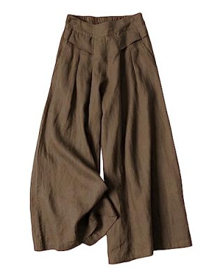 Women's Culottes Linen Cropped Wide Leg Pants Elastic Waist Casual Palazzo Trousers with Pockets