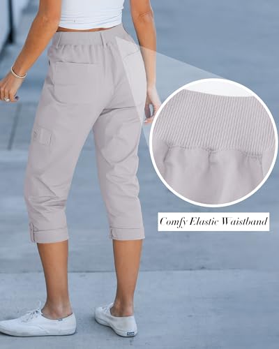 Cargo Capri Pants for Women High Waisted Relaxed Fit Elastic Knit Waist Casual Capris Trousers Cropped Pants