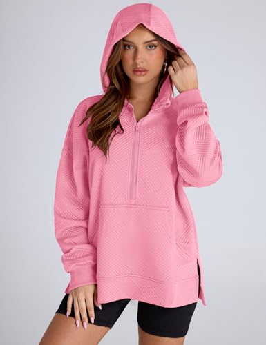 Womens Oversized Half Zip Hoodies Long Sleeve Textured Casual Sweatshirts Loose Fall Pullover Tops with Pockets