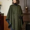 Women Tweed Hooded Belted Cloak Buttons Closure Sleeveless Satin Lining Wool Poncho