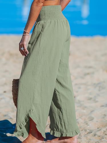 Women Pants Smocked Waist Straight Leg Ruffle Cuffs Loose Fit Pant Casual Beach