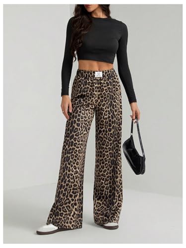 Women's Leopard Print Wide Leg Pants Patched Elastic Waist Casual Loose Trousers