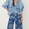 Women Casual Denim Shirt Hoodies Pullover Oversized Jean Jacket Sweatshirt Long Sleeves Half Zip Western Blouse Top