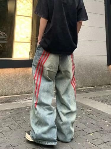 Vintage Grunge Red Striped Wide Leg High Waist Jeans Patchwork Harajuku Hip Hop Casual Trendy Y2k Baggy Pants