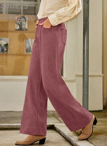 Women's Corduroy Pants Casual High Waisted Baggy Wide Leg Elastic Waist Loose Trousers with Pockets