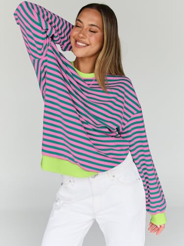 Oversized Sweatshirt for Women 2025 Summer Crewneck Striped Long Sleeve Shirts Hoodies Cute Top Y2K Outfits