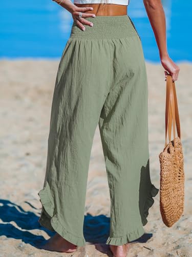 Women Pants Smocked Waist Straight Leg Ruffle Cuffs Loose Fit Pant Casual Beach