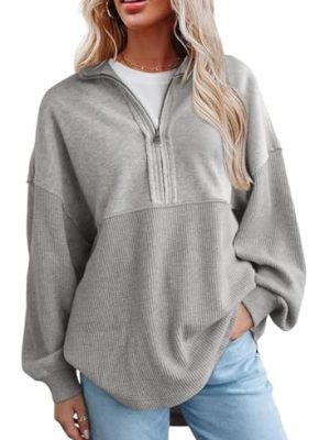 Womens Fall Sweatshirt Casual Waffle Knit Half Zip Pullover Loose Long Sleeve Tops