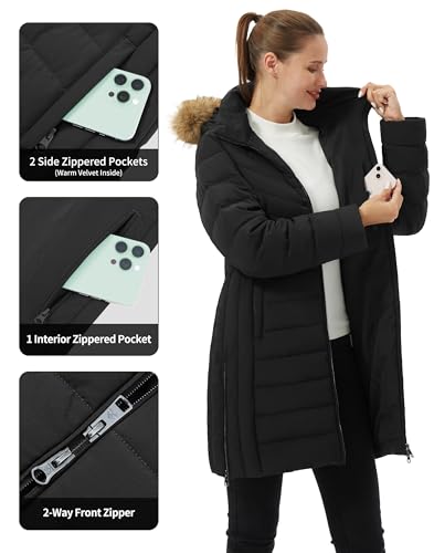 Women's Winter Coats Warm Thicken Long Puffer Jacket Waterproof Quilted Parka with Removable Faux Fur Hood