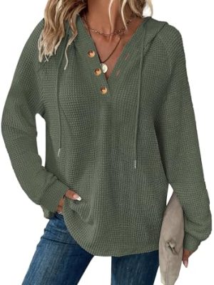 Hoodies for Women Waffle Knit V Neck Oversized Sweatershirt Button Down Drawstring Hooded Pullover Tops for Fall 2025