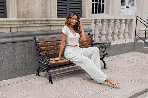 Women Wide Leg High Waist Wide Leg Pants Loose Fit Back Elastic Waist Pleated Front Trousers for Work Casual
