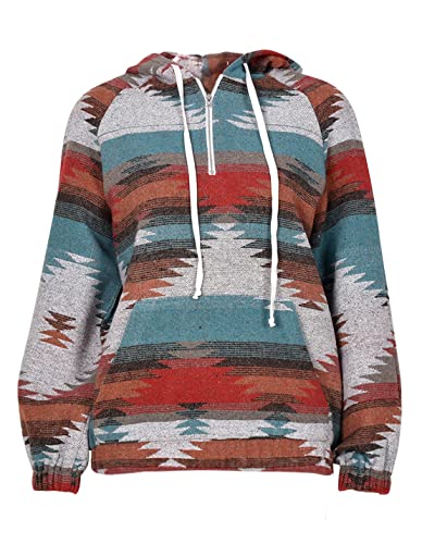 Women's Aztec Print Pattern Western Ethnic Half Zip Long Sleeve Pullover Hoodie Sweatshirt