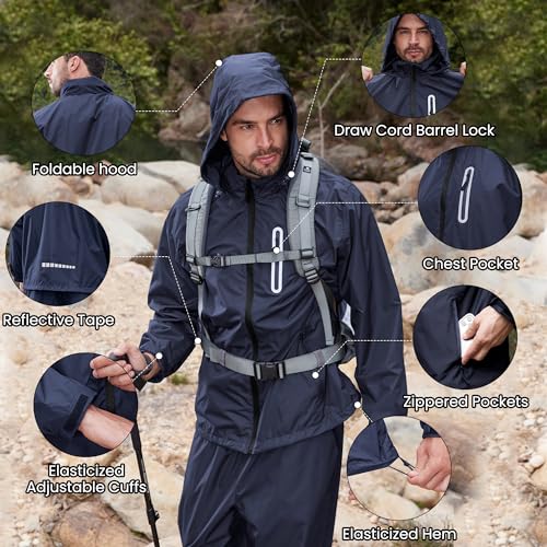 Men Women Rain Suit Waterproof Lightweight Hooded Raincoat Jacket and Pants for Golf, Hiking, Travel