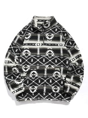 Men 1/4 Zipper Sweatshirt Ethnic Aztec Printed Kangaroo Pocket Fall Winter Pullovers Jacket Unisex Hoodie Tops