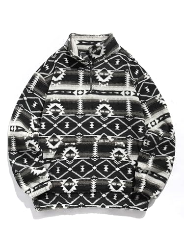 Men 1/4 Zipper Sweatshirt Ethnic Aztec Printed Kangaroo Pocket Fall Winter Pullovers Jacket Unisex Hoodie Tops