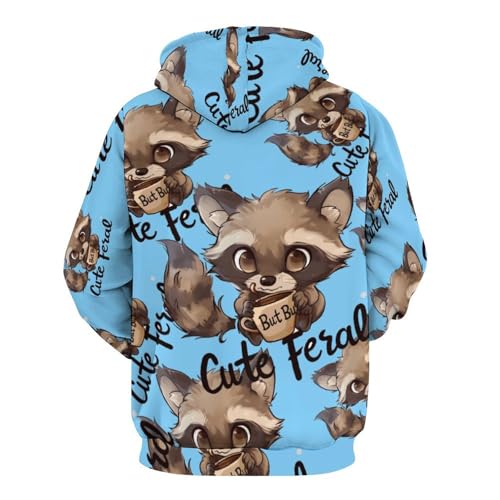 Raccoon Cute But Feral Loves Coffee Adult Pullover Hoodies Long Sleeve Sweatshirt Casual Tops with Pockets for Women Men
