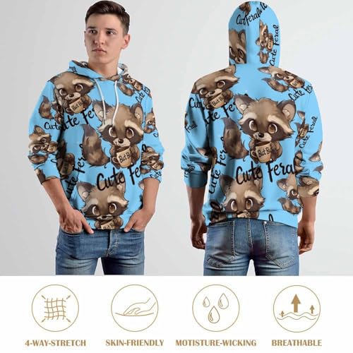 Raccoon Cute But Feral Loves Coffee Adult Pullover Hoodies Long Sleeve Sweatshirt Casual Tops with Pockets for Women Men