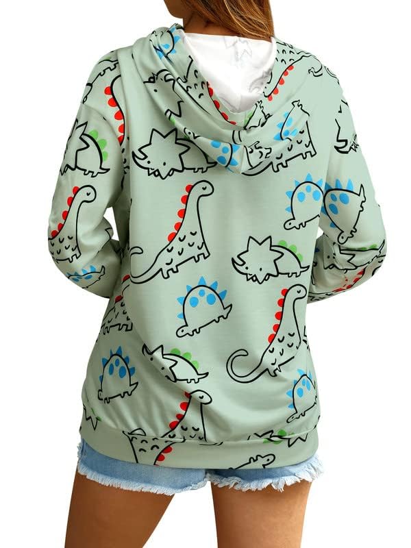 Women Dinosaur Funny Hoodie Sweatshirt Pocket Crewneck Casual Loose Cute Tops Long Sleeve Hoodied Pullover Shirt