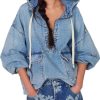 Women's Sweatshirt Denim Hoodies Oversized Long Sleeve Half Zip Casual Jean Hooded Loose Pullover Tops with Pockets