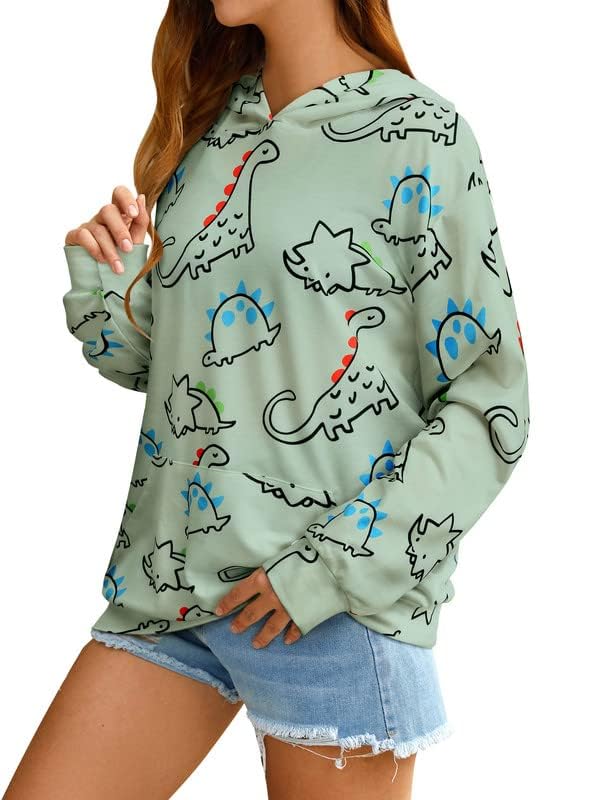Women Dinosaur Funny Hoodie Sweatshirt Pocket Crewneck Casual Loose Cute Tops Long Sleeve Hoodied Pullover Shirt