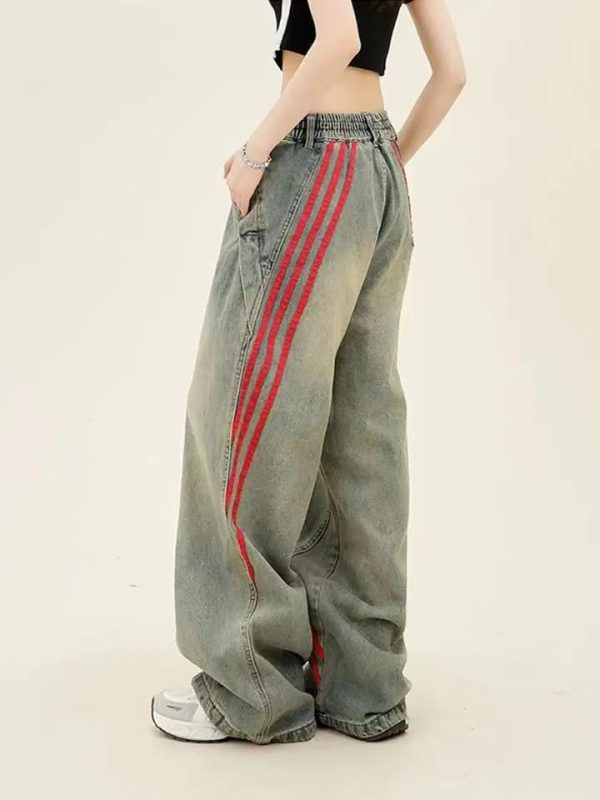 Vintage Grunge Red Striped Wide Leg High Waist Jeans Patchwork Harajuku Hip Hop Casual Trendy Y2k Baggy Pants