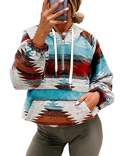Women's Aztec Print Pattern Western Ethnic Half Zip Long Sleeve Pullover Hoodie Sweatshirt