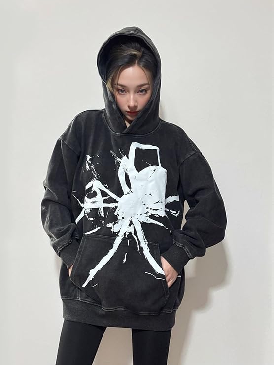 Y2K Halloween Skull/Spider Print Hoodie Men's Casual Gothic Hooded Sweatshirt Fashion Tops Harajuku