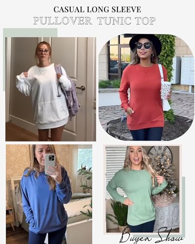 Womens Long Sleeve Sweatshirt Casual Crewneck Plain Pullover Tops with Pockets